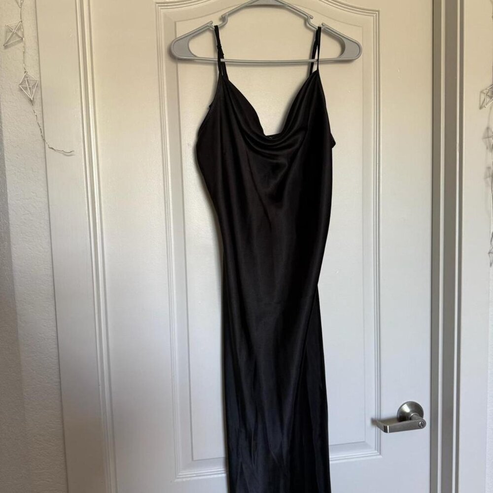 Bebe Black Satin Maxi Dress M Cowl Neck Slip Evening Formal Minimalist - Picture 3 of 6